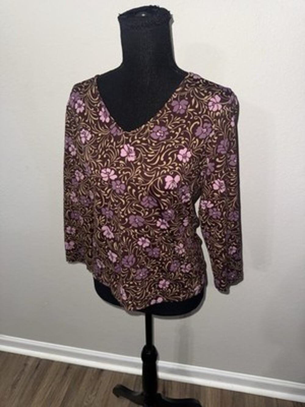 Apostrophe Stretch Womens Top Medium 10-12 Brown Purple Floral V-Neck 3/4 Sleeve